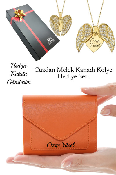 Ayleen Ayz İsme Özel Kadın Turuncu Deri Zarf Cüzdan ve İsimli Melek Kanadı Ko...