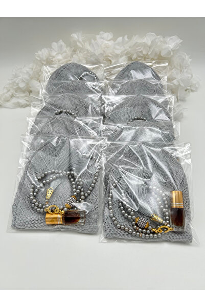 LenaToptan 10 Pieces Gray Men's Skullcap Prayer Beads Fragrance Set Hajj Umra...
