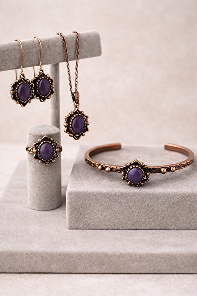 İyyaKee Kadın Bakır Kolye Bileklik Yüzük Küpe Takım Seti Doğal Koyu Ametist T...