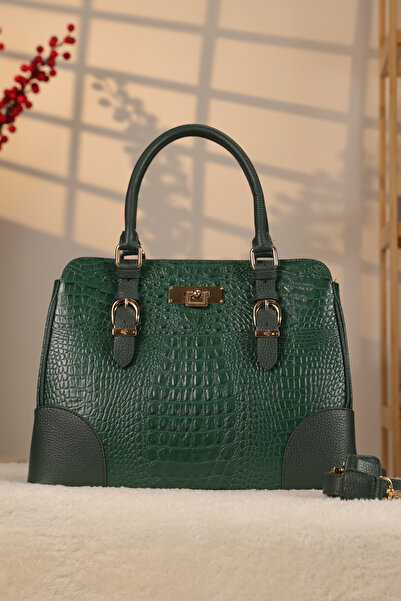 Aksesuarlia Green Color Crocodile Pattern Genuine Leather Bag - Handbag and S...