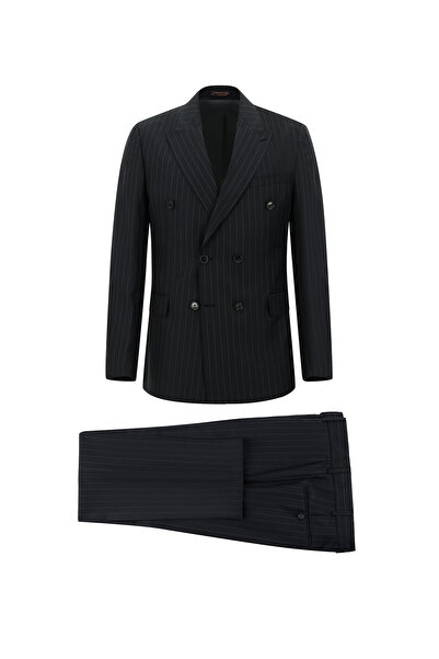 Abdullah Kiğılı بدلة 7 دروب سليم فيت ضيقة من الصوف مخططة بصفين من الأزرار