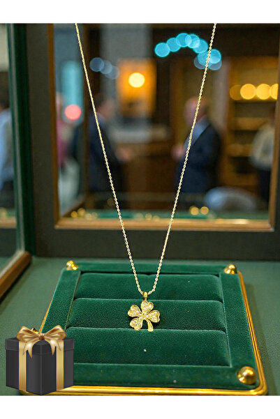 byhulyacolection YONCA DÖRT YAPRAK Figürlü Gold Renk Kolye–Zirkon Taşlı Şık v...