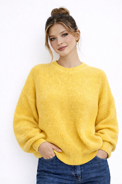 Kırlangıç Moda Sarı Oversize Bisiklet Yaka Kadın Triko Kazak