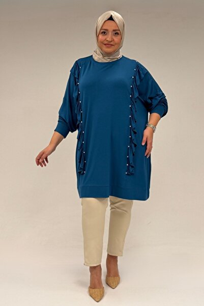 Eslina 58074 تونيك قطن ممشط بتفاصيل كشكشة وحجر - بترولي