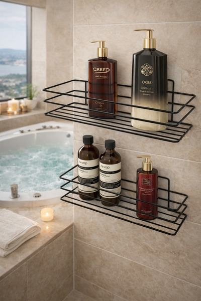 KARTEYA Yapışkanlı Siyah Banyo Düzenleyici Banyo Aksesuar Şampuanlık Duşakabi...