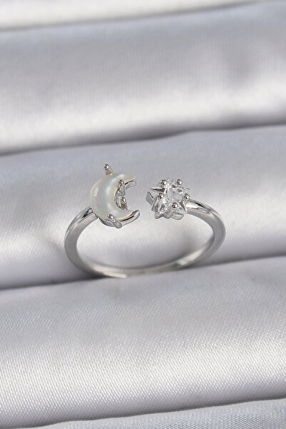 Skygo خاتم نسائي نحاسي فضي اللون لؤلؤي هلال حجر الزركون قابل للتعديل - TJ-BYK...