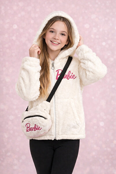 LAV MER KİDS Baskılı Çantalı Beyaz Pelüş Ceket