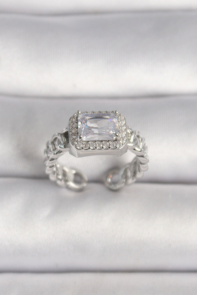 Skygo خاتم نسائي من النحاس الفضي اللون قابل للتعديل بسلسلة مربعة من حجر الزرك...