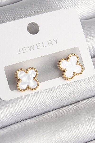 Skygo 316L Steel Gold Color White Minelik Clover Model Women's Earrings - Tj-...
