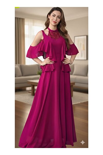 FULLJOY A long evening dress made of fuchsia chiffon fabric with tiered ruffl...