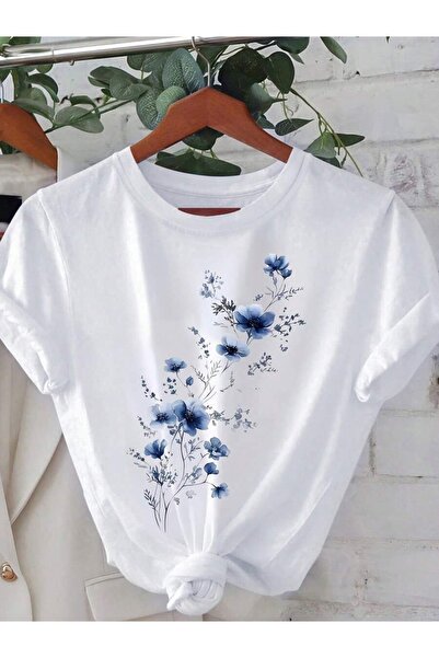 kahire MAVİ ÇİÇEK Baskılı Premium Oversize T-shirt