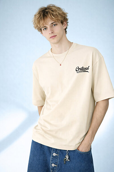 caddekombin Men's Critical Written Minimalist Design Crew Neck Beige T-Shirt