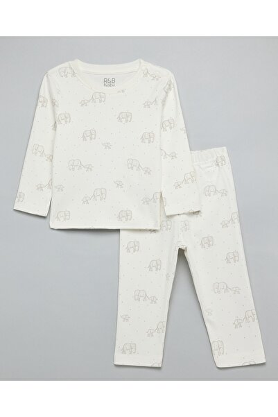R&B طقم تيشيرت وبنطال مطبوع باللون العاجي للأولاد