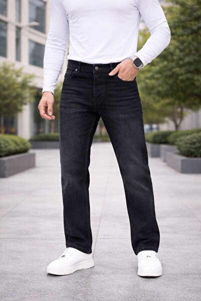 oraystore Men's Stone Washed Detail Black Straight Fit Straight Leg Jeans
