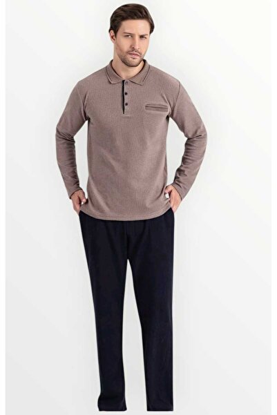 Erse 100% Cotton Thessaloniki Knitted Long Sleeve Men's Pajama Set Winter Beige