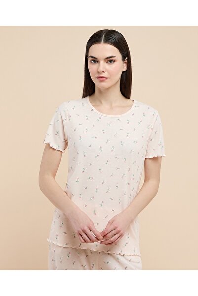 R&B Printed Sleep Top with Crew Neck and Short Sleeves