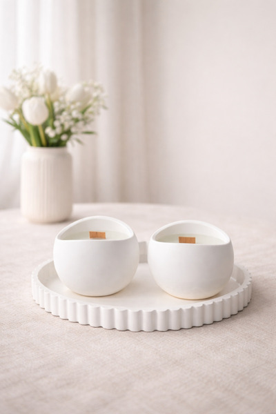 YASMELLA HOME Dekoratif İkili Beyaz Elma Kesim Mum + Oval Desenli Sunum Tepsi