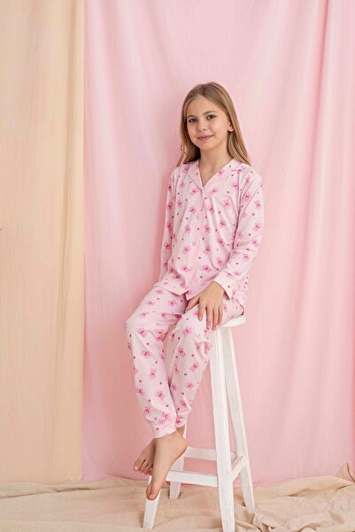 Tarık Girl's Pink Strawberry Pattern Front Buttoned Long Sleeve Knitted Combe...