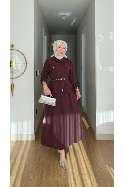 DEFNECE BUTİK Ece Snap-Closure Zippered Belted Skirt Set - Burgundy