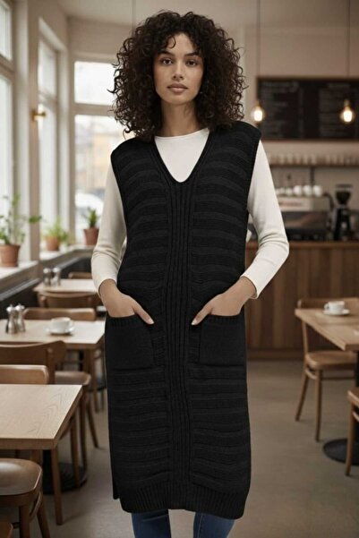 AQE FASHION Women's Knitwear Tunic Vest Black V-Neck Long Maxi Length Oversiz...