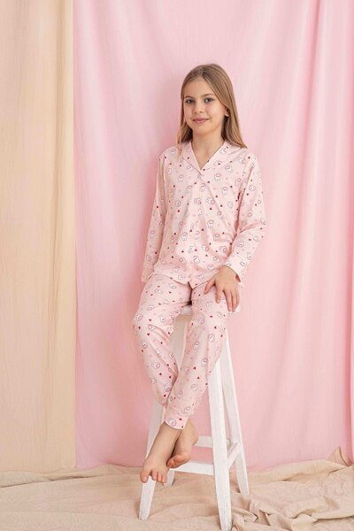 Tarık Girl's Pink Rabbit Pattern Front Buttoned Long Sleeve Knitted Combed Co...