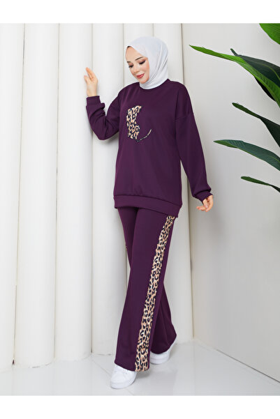 Wual giyim Leopard Printed Sweatshirt Tracksuit Set