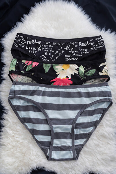 ÇEÇİM Women's Soft Textured Patterned Bikini Panties Set of 3 Nsa-58056