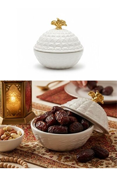 Premium White Ceramic Covered Date Bowl with Gold Pineapple Lid 1 Pc Serving ...