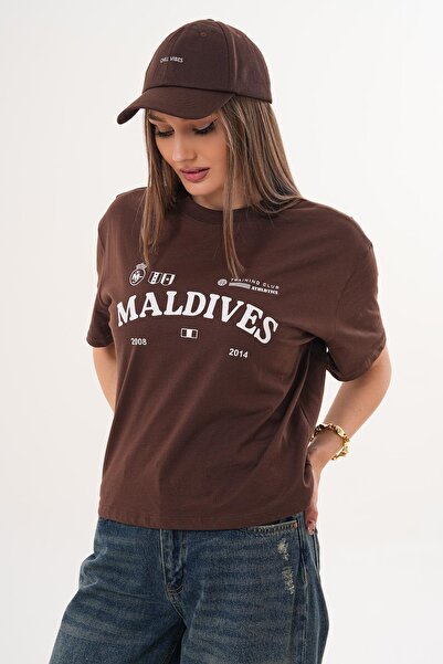 ŞİMAL Women's Print Detailed Crew Neck Oversize T-Shirt - 260059