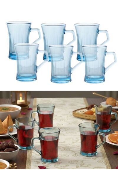 Premium Blue Glass Tea Mug Set of 6 pcs Transparent Cups for Tea Coffee