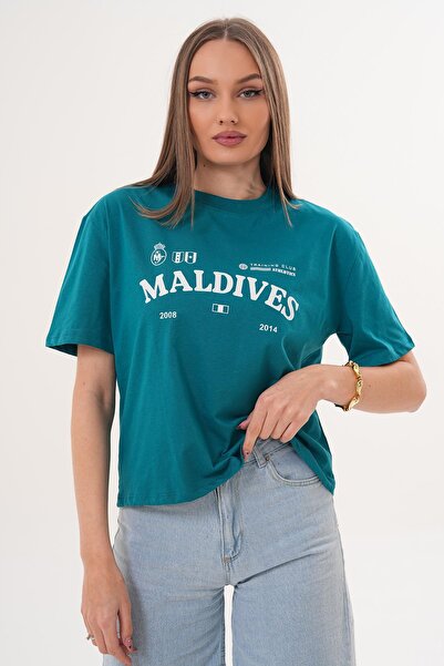 ŞİMAL Women's Print Detailed Crew Neck Oversize T-Shirt - 260059