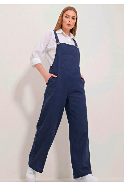 Little Visqon Kadın Geniş Paça Keten Görünümlü Bahçıvan Askılı Rahat Kesim Sa...