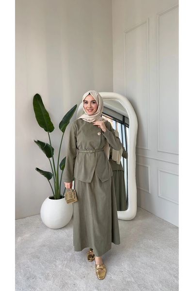 DEFNECE BUTİK Nevra Double Buttoned Belted Skirt Suit - Green