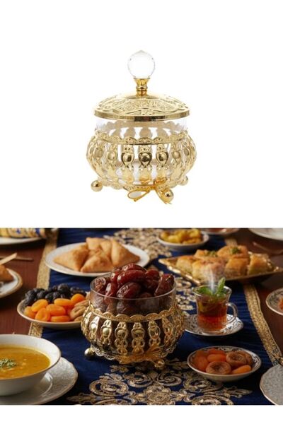 Premium Luxury Gold Glass Date Bowl with Decorative Lid 1 Pc Ramadan Table Bowl