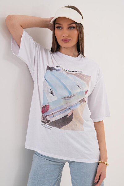 ŞİMAL Women's Printed Detailed Crew Neck Oversize T-Shirt - 260070
