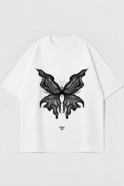 Cool mans Tricou unisex alb oversize cu imprimeu gotic cu fluturi și gât rotund