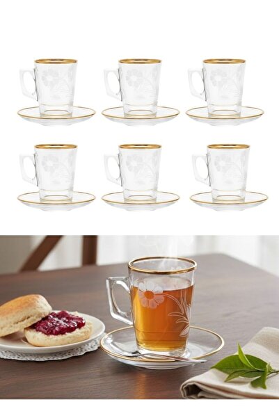 Premium Floral Pattern Glass Tea Cup and Saucer Set 6 pcs