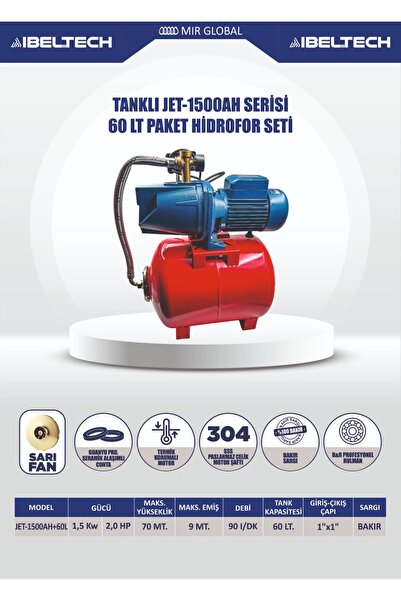 İBELTECH JET1500AH + 60LT TANK 2HP PAKET HİDROFOR SETİ 10 KAT 15 DAİRE
