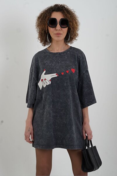 Zelish My Sister Anthracite Heart and Hand Printed Oversize Tshirt with Faded...