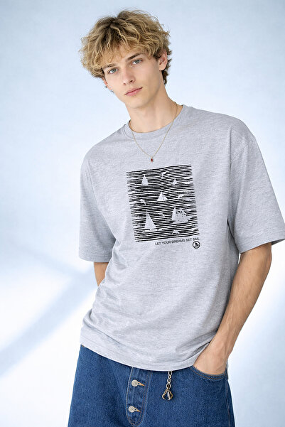 caddekombin Men's Let Your Dreams Set Sail Printed Sailing Patterned Gray T-S...