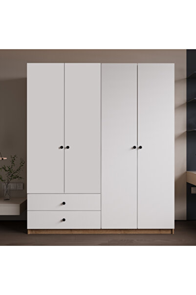 ALONEX HOME Aden 4 Kapaklı Çekmeceli Full Beyaz Gardırop , Elbise Dolabı, Raf...