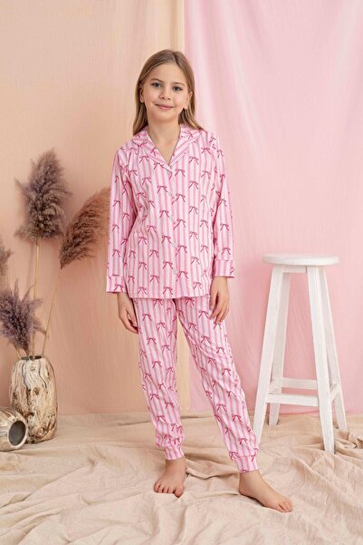 Tarık Girl's Pink Bow Pattern Front Buttoned Long Sleeve Knitted Combed Cotto...