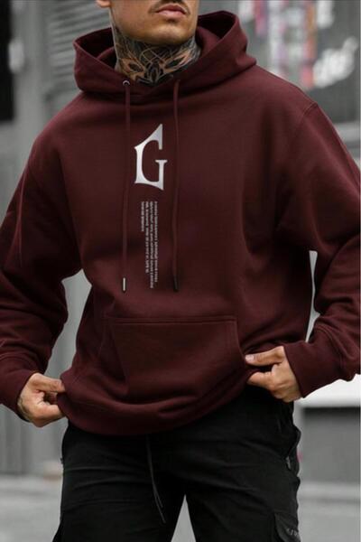 CAST COLLECTİON Men's Burgundy g Vertical Printed Hooded Sweatshirt