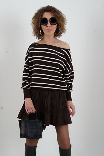 Zelish My Sister Coffee Striped One Shoulder Low Cut Sweater