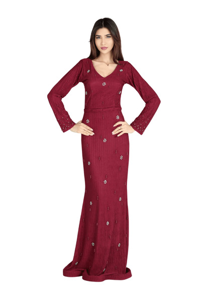 TREN Ribbed Knit Bodycon Gown with Belted Waist Stone Embellished Floor Lengt...