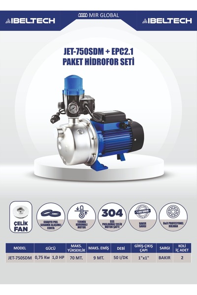 İBELTECH JET750SDM + EPC2.1 PASLANMAZ GÖVDE 1 HP HİDROFOR SETİ 5 KAT 8 DAİRE