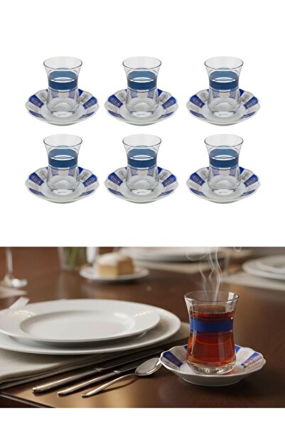 Premium Blue Turkish Tea Glass Set with Saucers 6 pcs
