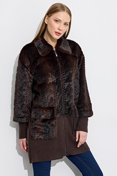 Tığ Triko Triko Ve Saç Örgü Kombinli Kaban KAHVE