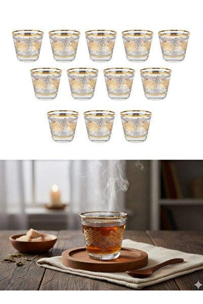 Premium Gold Floral Design Glass Tea Cups Set of 12 pcs Decorative