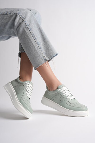 ANALİN SHOES Women's Genuine Leather Sneaker Lace-Up Sports Shoes - Water Green